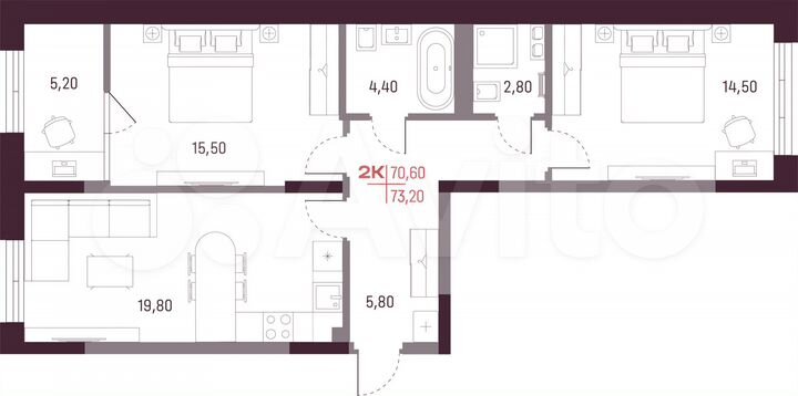 2-к. квартира, 70,6 м², 2/25 эт.