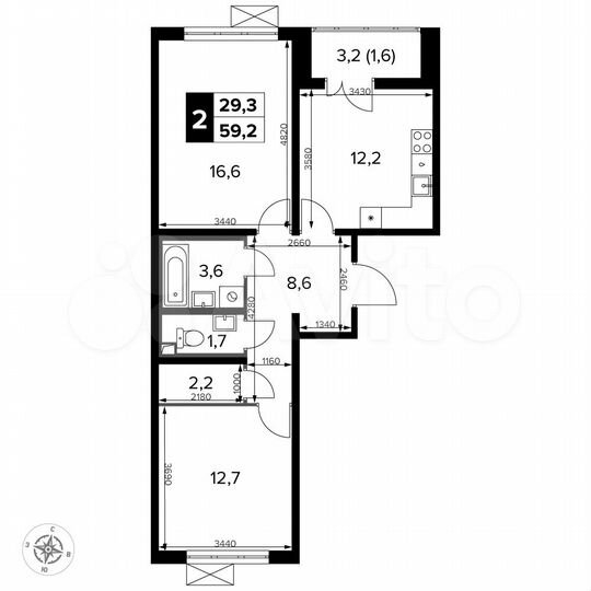 2-к. квартира, 59,2 м², 22/22 эт.
