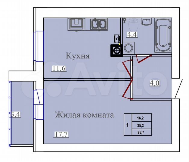 1-к. квартира, 38,7 м², 4/14 эт.