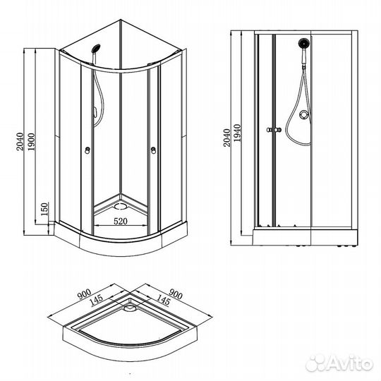 Душевая кабина 90x90x с низким поддоном, без крыши