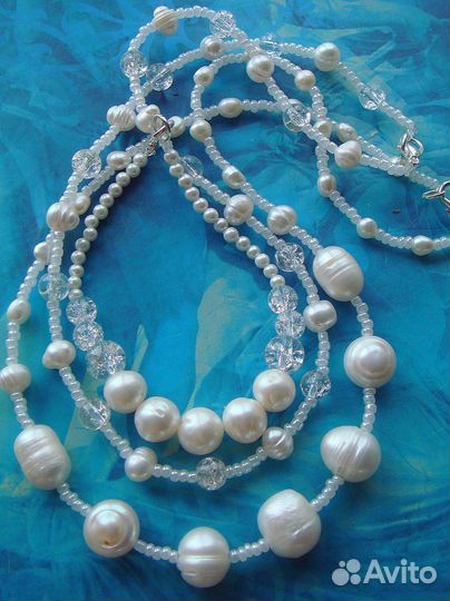 Бусы из нат. жемчуга и др. короткие. Серебро 925