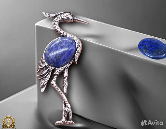 Брошь с лазуритом натуральным Журавль Премиум клас