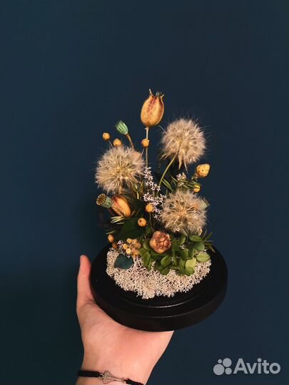 Клош с одуванчиками, стабилизированными цветами