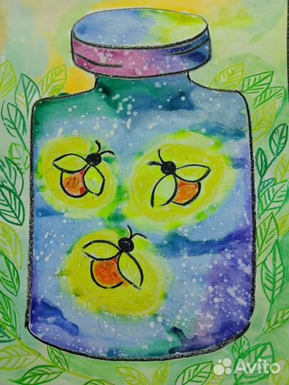 Работы на бумаге А3, акварель, восковые мелки