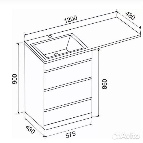 Тумба джерси 3 ящика с раковиной 110-120 см