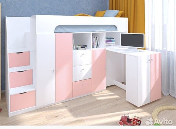 Кровать Чердак Со Столом и шкафом Белый/Венге