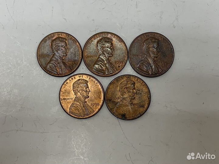 1 цент. США. Америка. One cent. 5 шт