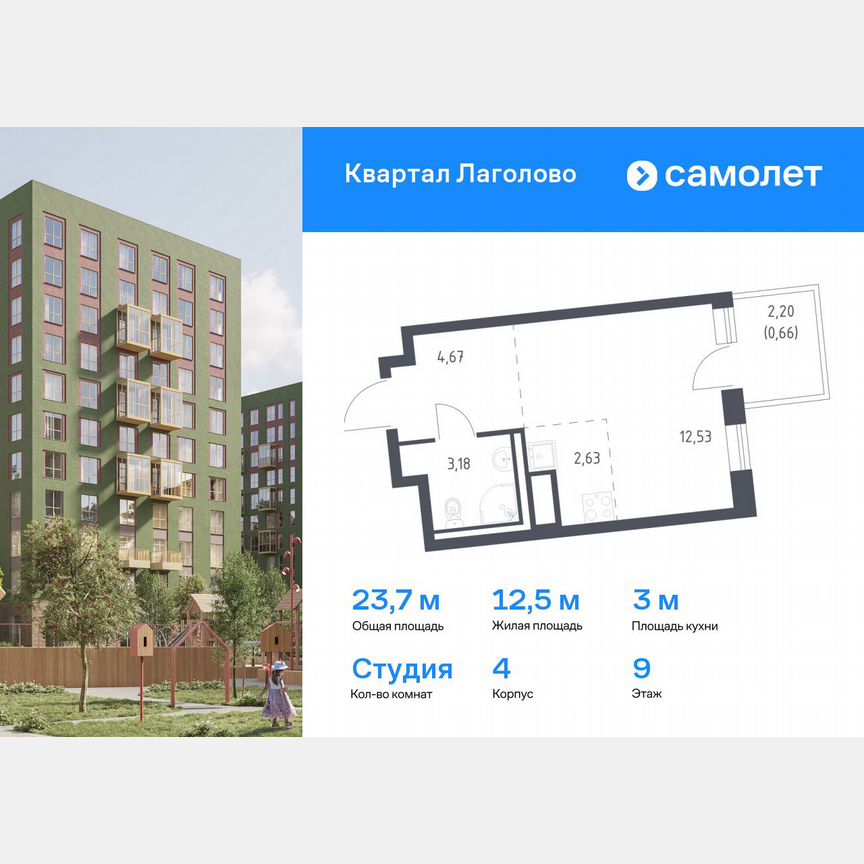 Квартира-студия, 23,7 м², 9/11 эт.