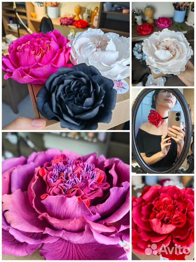 Пион, роза (брошь, чокер, заколка) Ручная работа