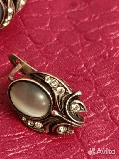 Кольцо, серьги, кошачий глаз, Мельхиор СССР