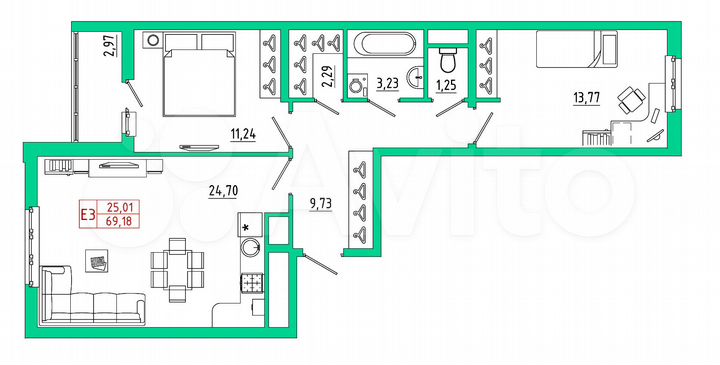 2-к. квартира, 69,2 м², 9/25 эт.