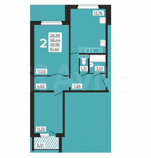 2-к. квартира, 61,5 м², 4/10 эт.