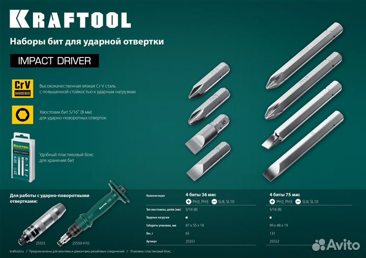 Kraftool Набор бит для ударной отвертки 36 мм, 4 ш