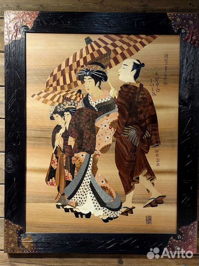 Японская гравюра.Кпртина в технике маркетри