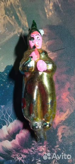 Елочные игрушки СССР на прищепке Клоун с дудочкой