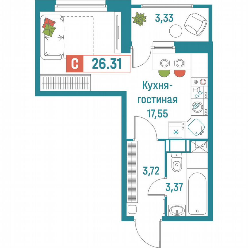 Квартира-студия, 26,3 м², 12/18 эт.