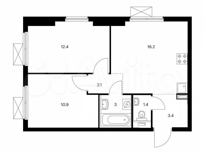 2-к. квартира, 49,4 м², 15/25 эт.