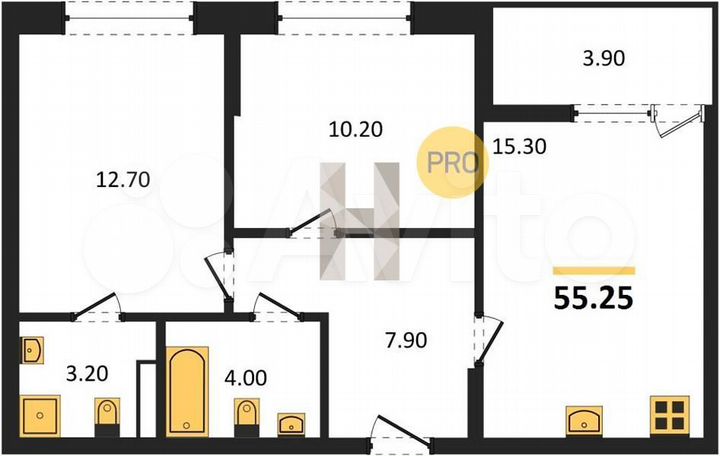 2-к. квартира, 55,2 м², 7/25 эт.