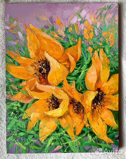 Картина маслом на холсте. Жёлтые цветы Подсолнухи