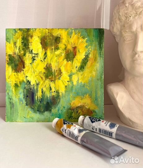 Картина с подсолнухами в вазе натюрморт масло