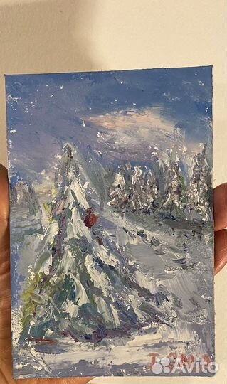 Картина маслом ель с шариком