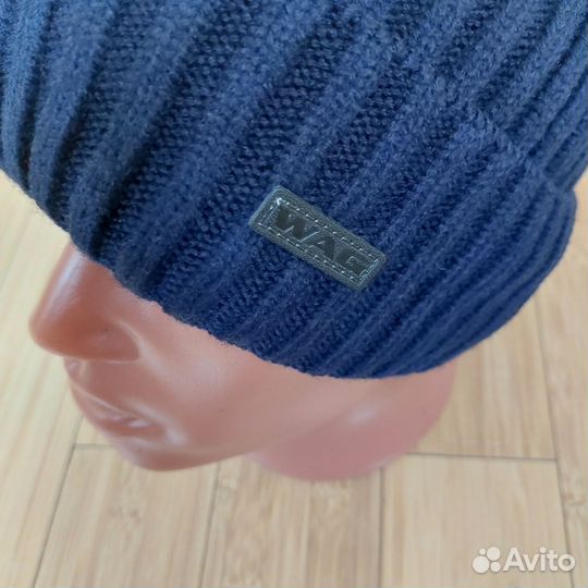 Шапка вязаная Wag из шерсти синяя внутри флис