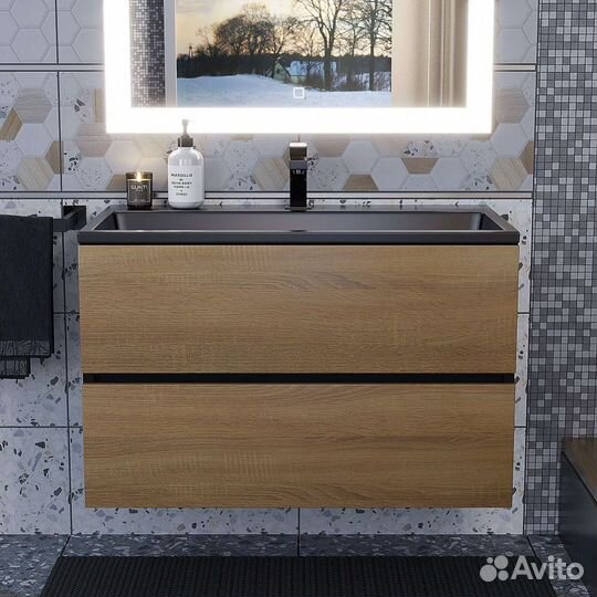 Тумба с черной раковиной черный/дуб соном