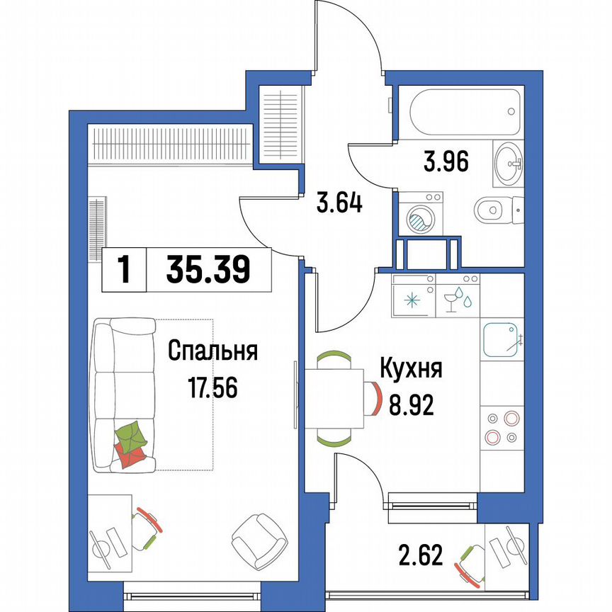 1-к. квартира, 35,4 м², 5/16 эт.