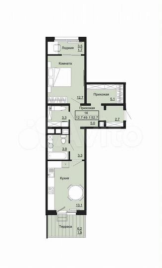 1-к. квартира, 52,7 м², 1/12 эт.
