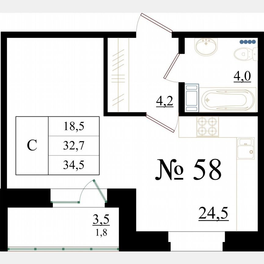 Квартира-студия, 34,5 м², 7/8 эт.