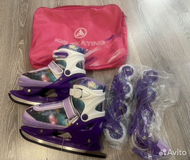 Коньки и ролики 2 в 1 регулируемый размер 33-36