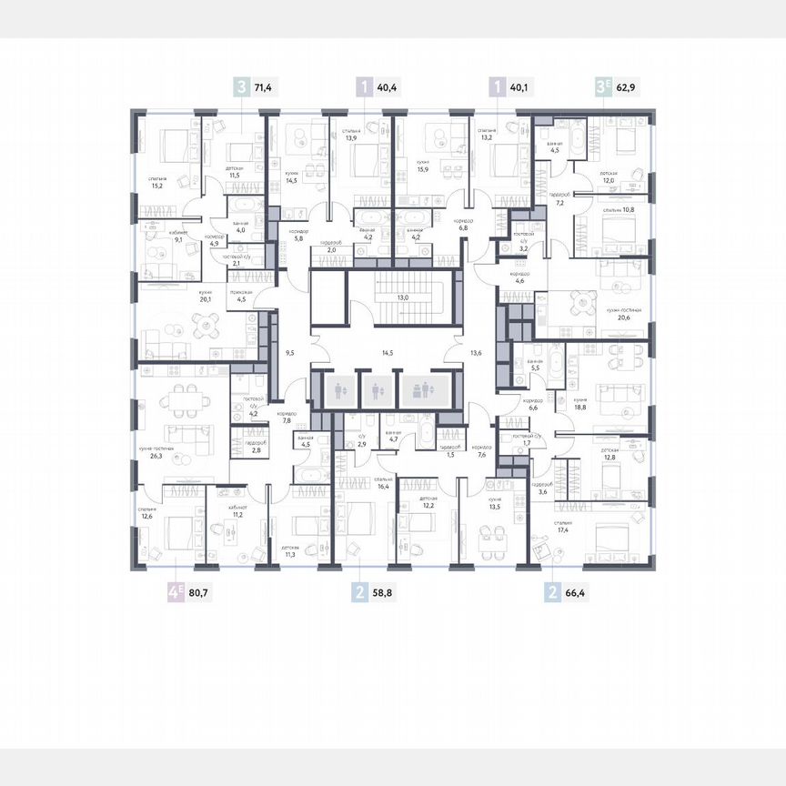 2-к. квартира, 58,8 м², 13/25 эт.