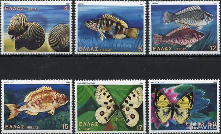 Марки Рыбы, моллюски и бабочки. Греция 1981 г