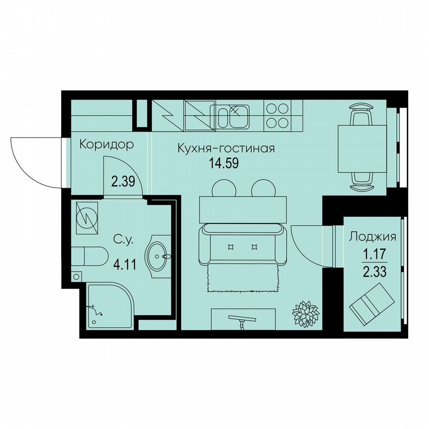 Квартира-студия, 22,3 м², 2/9 эт.