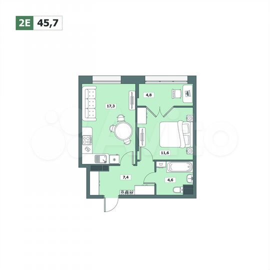 2-к. квартира, 45,7 м², 6/15 эт.