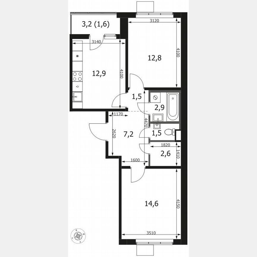 2-к. квартира, 57,6 м², 12/14 эт.