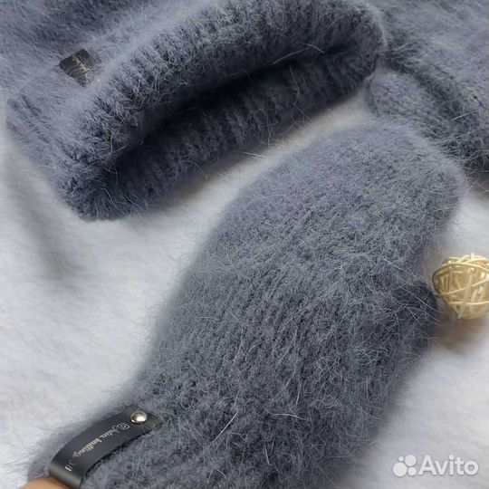 Шапка, варежки, Пух Норки. ручная работа