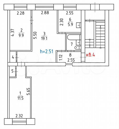 3-к. квартира, 54,2 м², 1/5 эт.