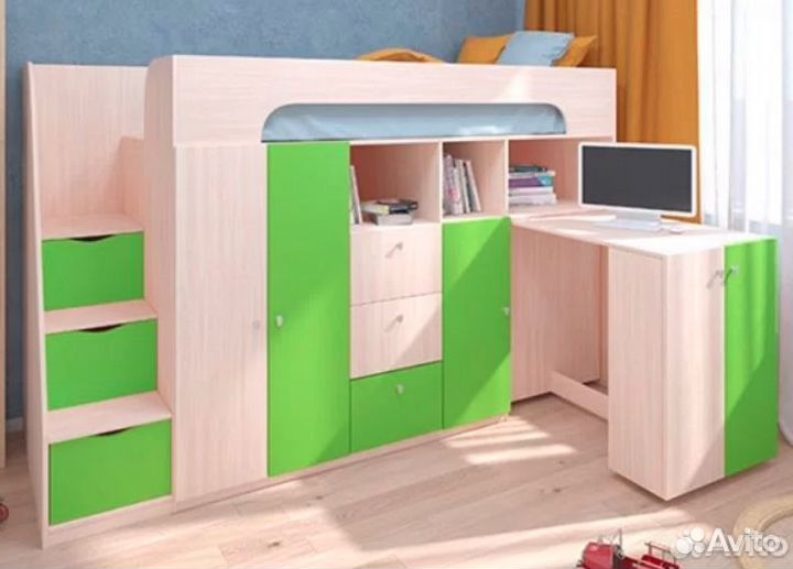 Кровать Чердак Со Столом и шкафом Дуб Молочный/Ора