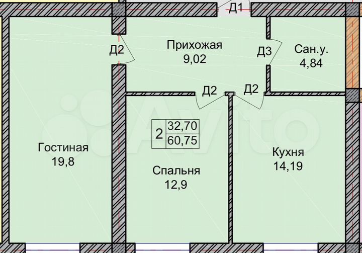 2-к. квартира, 60,8 м², 5/8 эт.
