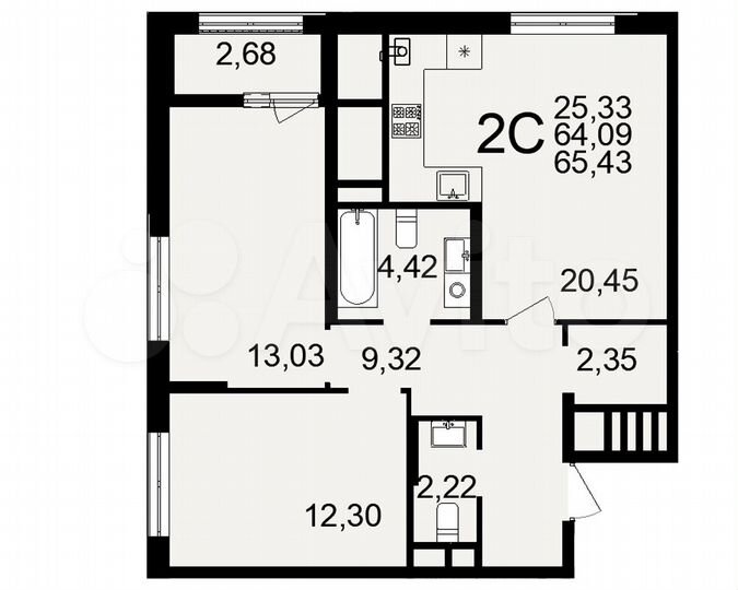 2-к. квартира, 65,4 м², 19/26 эт.
