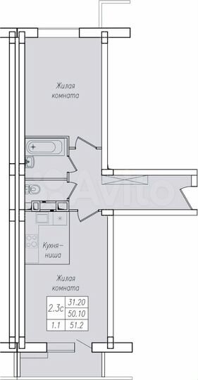 2-к. квартира, 51,2 м², 5/10 эт.