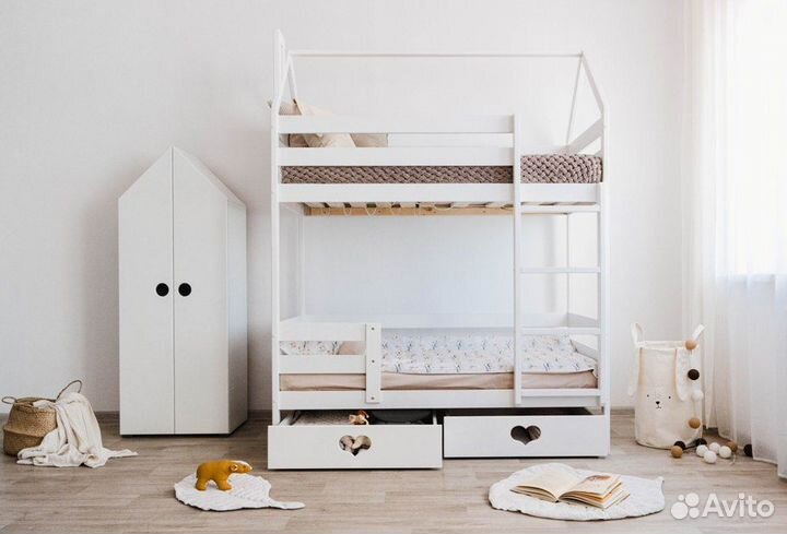 Детская кровать Двухъярусный Домик из березы