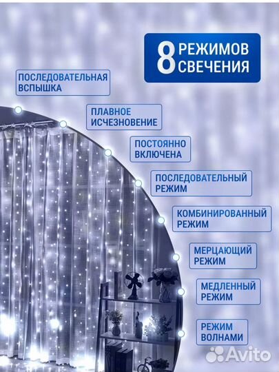 Гирлянда на штору 3м на 3м