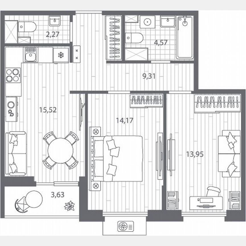2-к. квартира, 61,6 м², 4/13 эт.