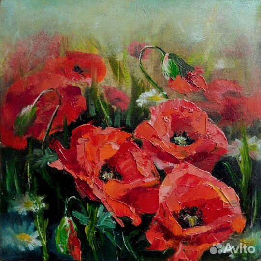 Картина. Живопись, масло. Маки. Цветы
