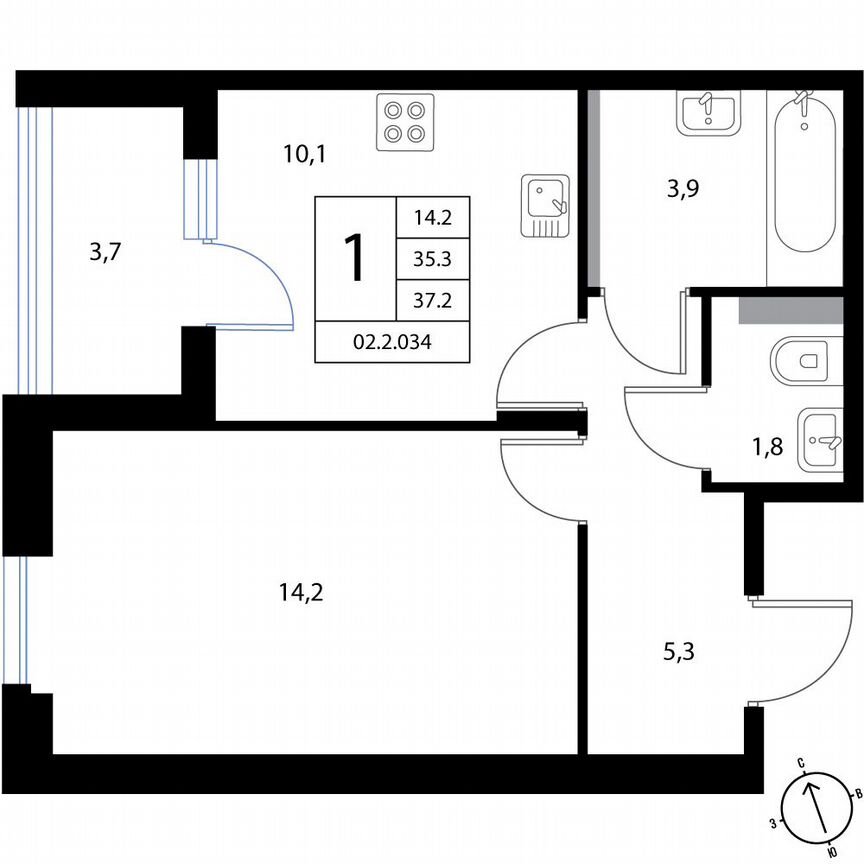 1-к. квартира, 37,2 м², 3/3 эт.