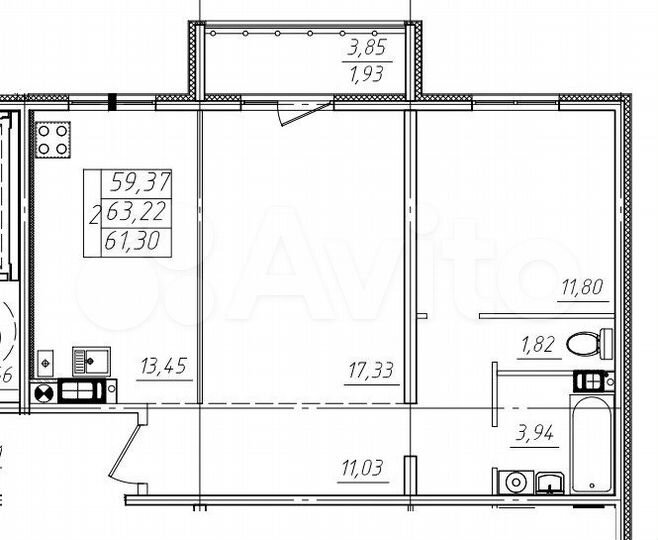 2-к. квартира, 63,2 м², 1/9 эт.