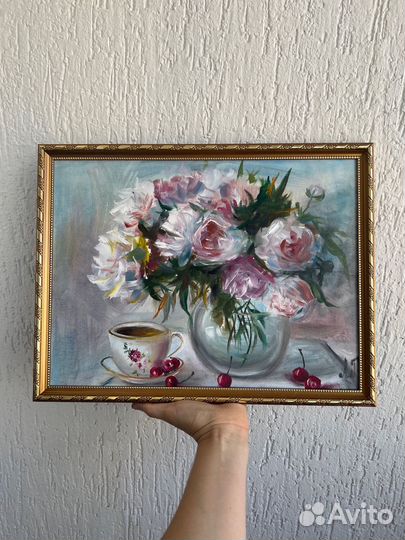 Картина маслом пионы (в раме)