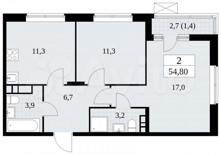 2-к. квартира, 54,8 м², 9/16 эт.